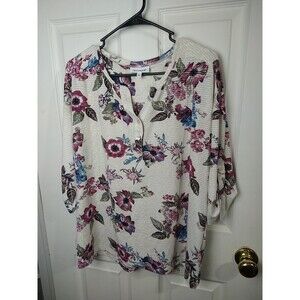 Serengeti Woman L Blouse V Neck Pink Floral Striped 3/4 Sleeve Pullover